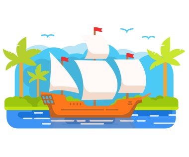 Yelkenli gemi. Yaz deniz manzarası. Palmiyeli tropikal ada.