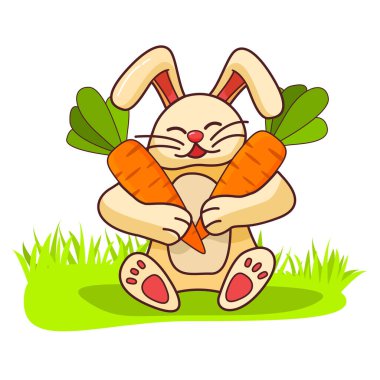 Mutlu tavşan havuç tutuyor. Çimlerin üzerinde sebze hasadı olan bir hayvan tavşanı..