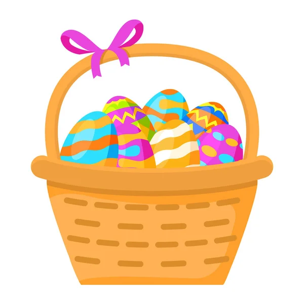 Cesta con huevos para Pascua.Ilustración festiva vector plano. — Vector de stock