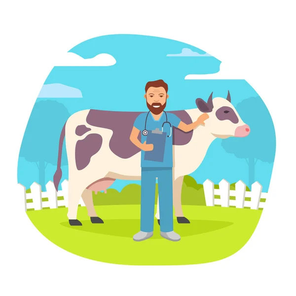 獣医師が牛を治療する。農場の動物と農村風景. — ストックベクタ