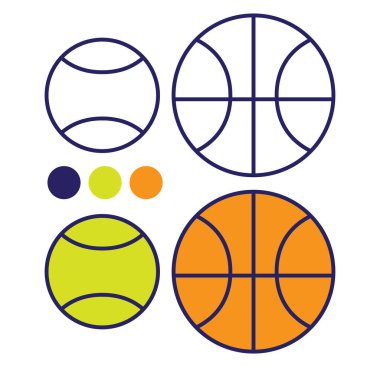 Spor malzemeleri. Basketbol ve tenis topları. Çocuklar için boyama kitabı..