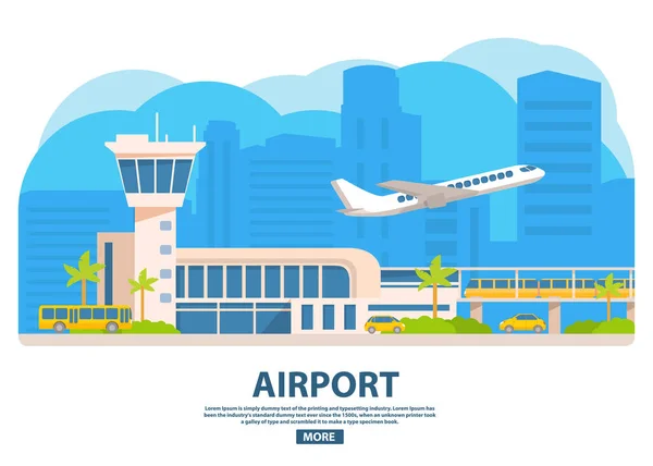 Bâtiment de l'aéroport bannière horizontale.Concept de voyage.Différents types de transports publics. — Image vectorielle