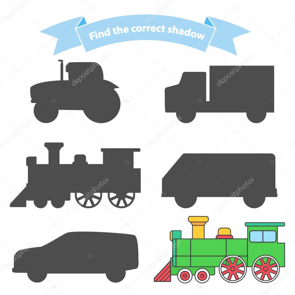 Find the correct shadow transport.Educational game for children car,steam locomotive,truck,tractor,van.