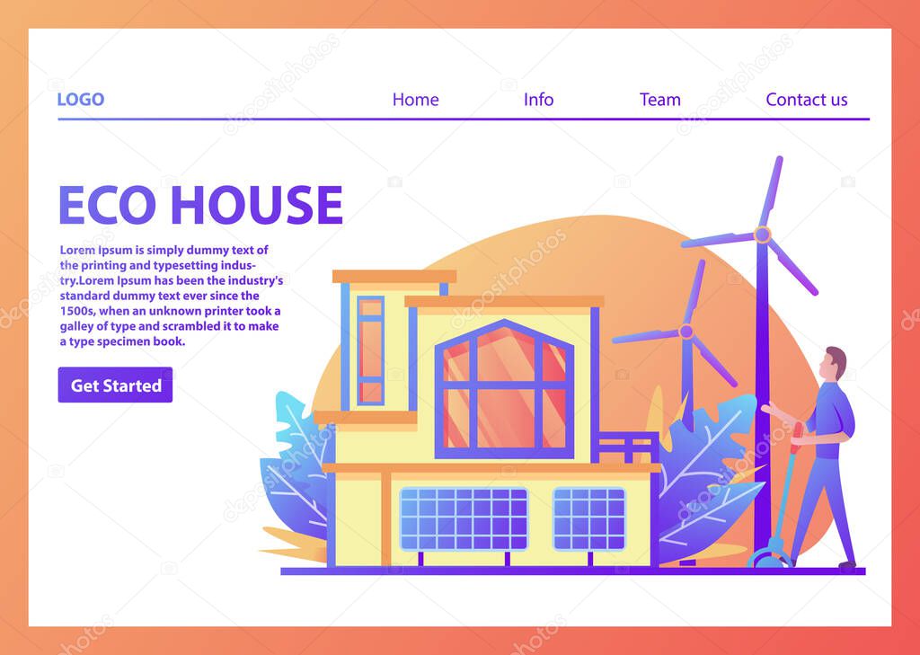 Landing page template.Green energy eco friendly suburban american house.Solar panel, wind power turbine.Family home facade.
