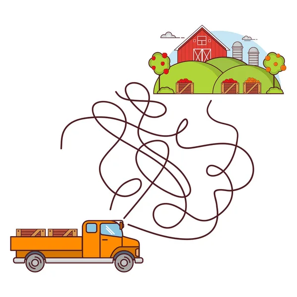 Maze spel, utbildning spel för barn taxi.Farm med lastbil och en lada. — Stock vektor