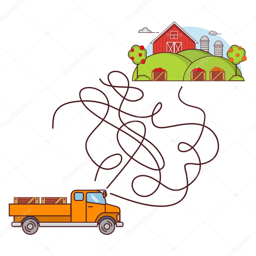 Maze game, education game for children taxi.Farm with truck and a barn.