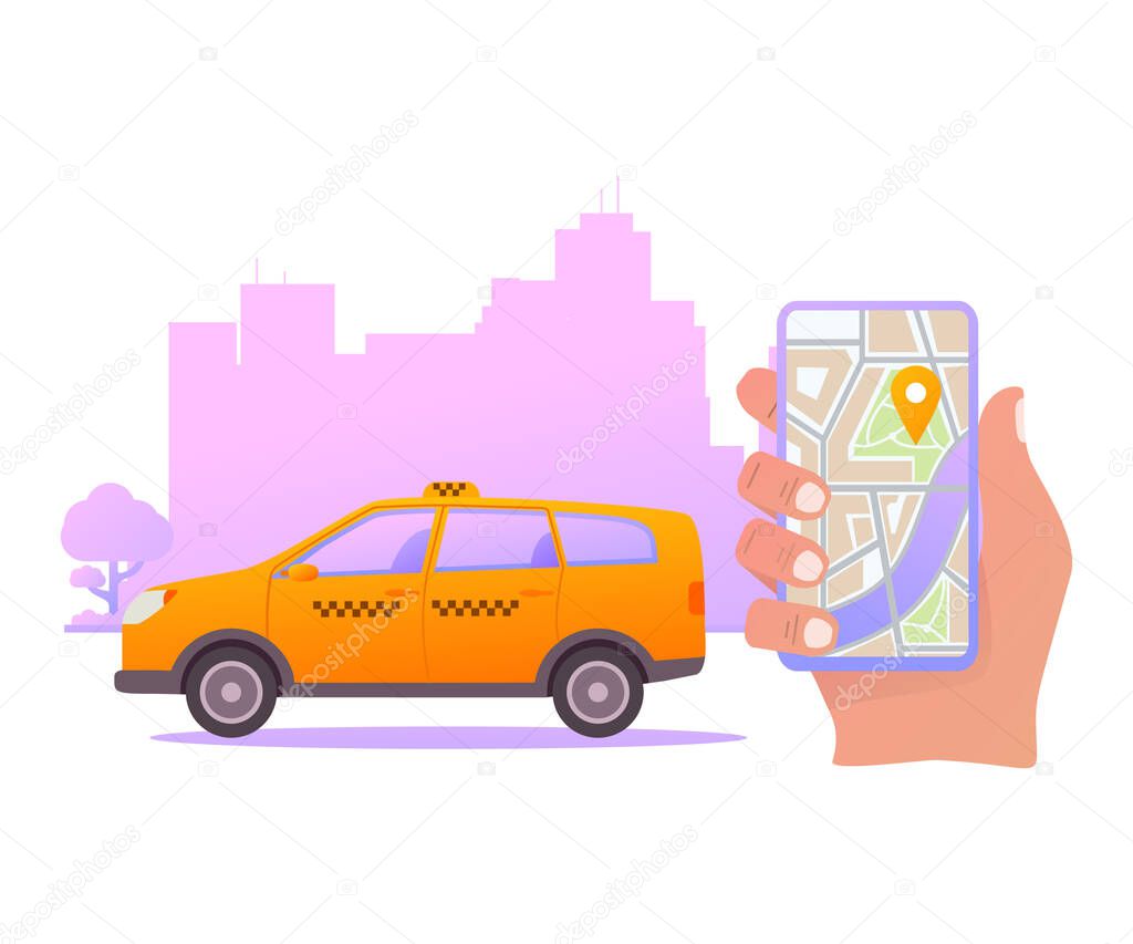 Taxi call mobile application. Smartphone with map navigation.