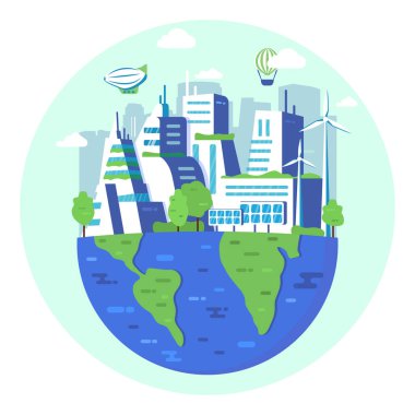 Yeşil şehir kavramı. Ekoloji merkezi gökyüzü. Temiz bir gezegeni kurtarmak..
