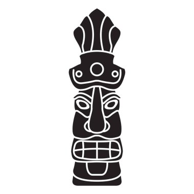 Tiki maskeli siluet beyaz arka planda izole edilmiş. Aztek kabile idolü.