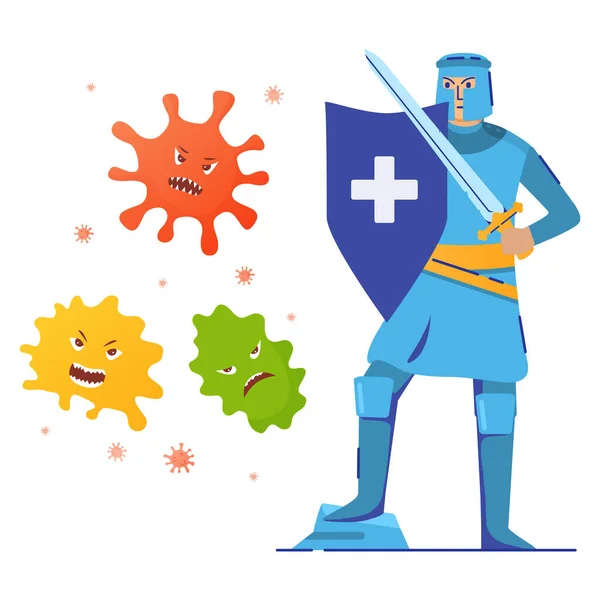 Disease protection.Knight fights bacteria attack with shield and a sword. viruses.Immune system. — Stock Vector