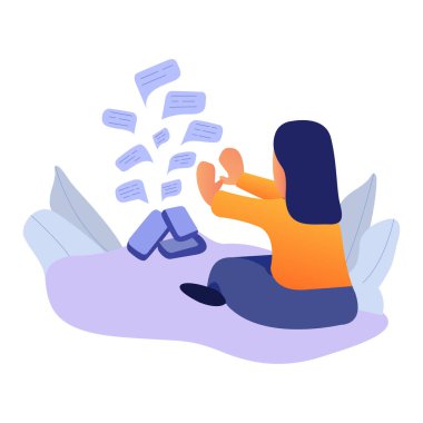 Sosyal medya ağı. Kız mesajlar alıyor. Etrafı mesaj baloncuklarıyla çevrili oturan kadın..