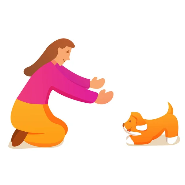 Chica jugando con perro de dibujos animados vector flat.Animal mascota cachorro. — Vector de stock