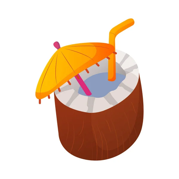 Coco tropical com palhinhas e guarda-chuva. Suco exótico fresco em coco. —  Vetores de Stock