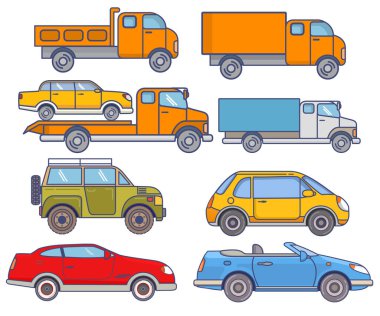 Minibüs, taksi, çekici, SUV, coupe, convertible, araç düz simge vektörü.