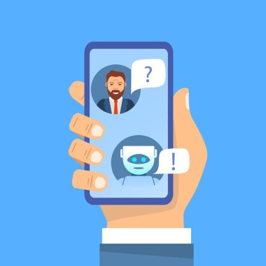 Yapay zeka. İnsan sohbeti bir soru sorar. Robot asistan..