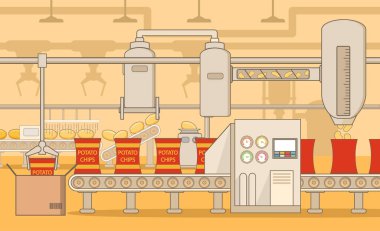 Konveyör patates cipsi. Düz vektör. Sanayi fabrikası.
