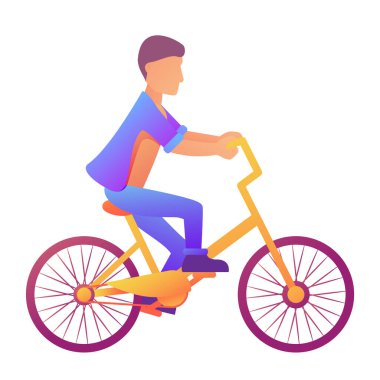 Bisiklet süren bir adam. Çevre taşımacılığı. Genç adam açık hava aktivitesi ve sağlıklı yaşam tarzı.