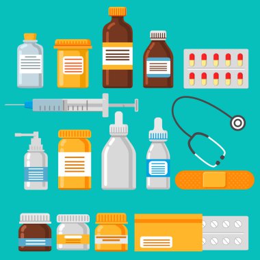 İlaç şişesi. Etiketli plastik kavanoz. Yapıştırıcı, şırınga, merhem, steteskop, tablet, hap..