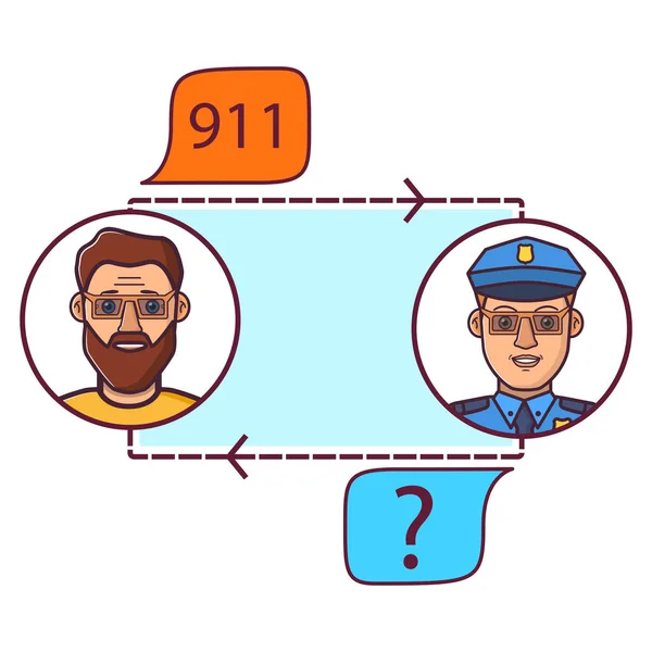 Appelez le 911, concept d'appel d'urgence.Conversation de l'agent de police avec l'homme. — Image vectorielle