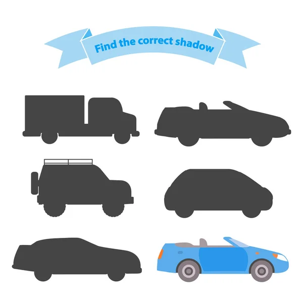 Finden Sie den richtigen Schatten transport.Lernspiel für Kinder Auto, LKW, Geländewagen, SUV, Sportwagen. — Stockvektor