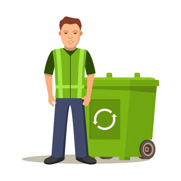 Müllmann oder Hausmeister.Abfall.Mülltonnen reinigen. — Stockvektor