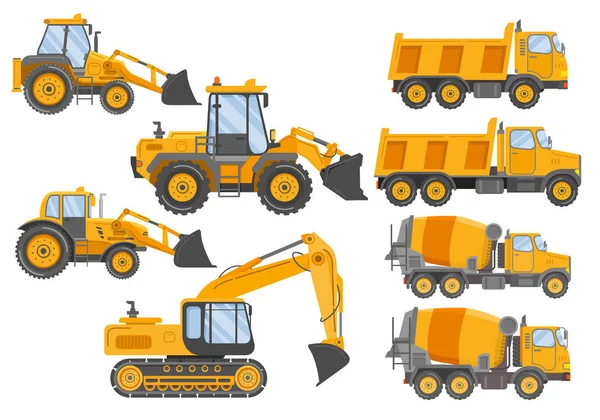 Construcción pista bulldozer retroexcavadora dipper.Hydraulic excavators.Concrete camión mezclador.Construction equipo tractor. — Archivo Imágenes Vectoriales