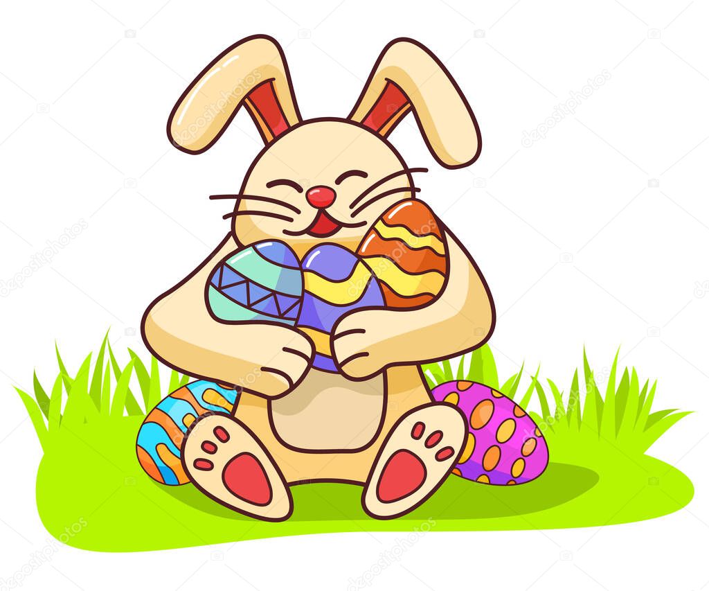 Bunny holding easter eggs.Happy rabbit .Isolated on white background.