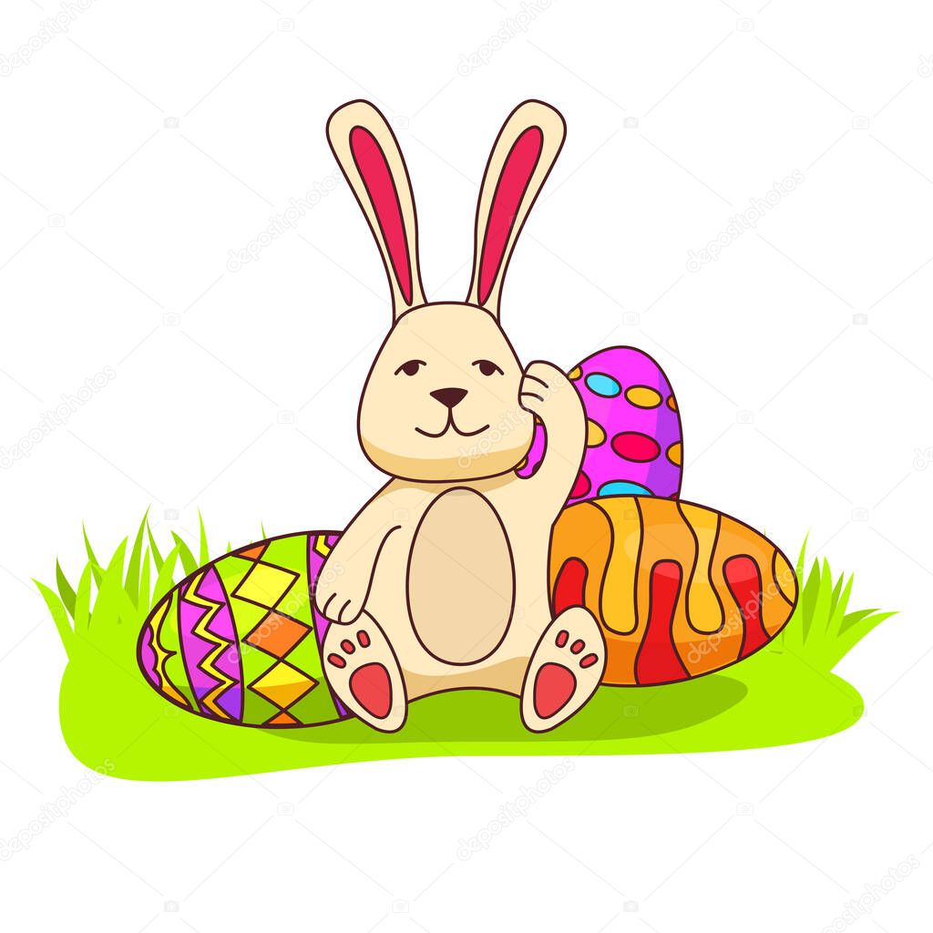 Bunny Easter eggs. Isolated on white background. Hare cartoon character.