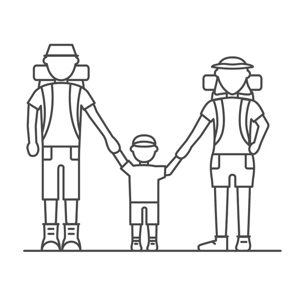 Family on a walk hikers traveling trekking father, mother and baby. — Stock Vector