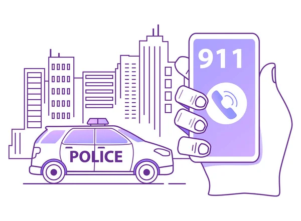 J'appelle une voiture de police. Main tient smartphone. Application d'urgence mobile. — Image vectorielle