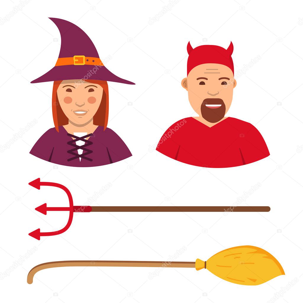 Halloween characters set in witch and devil costumes.