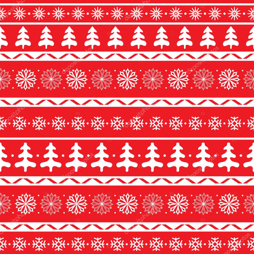 Winter seamless pattern with Christmas trees and snowflakes.