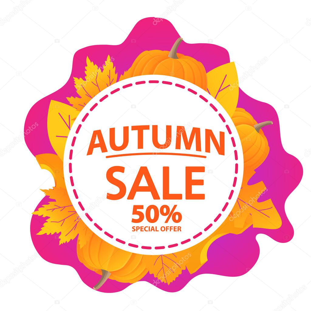 Autumn sale label concept with pumpkin and leaves.Offers a 50 discount.