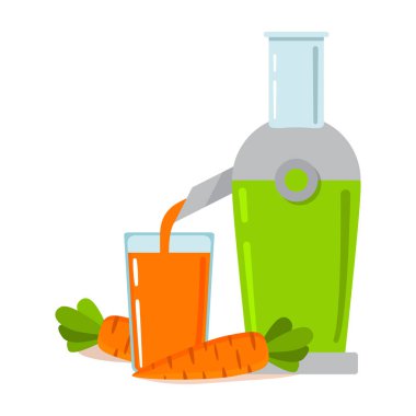 Elektrikli meyve suyu. Taze havuç suyu. Vejetaryen konsepti. Sağlıklı bir yaşam tarzı. Mutfak eşyaları..