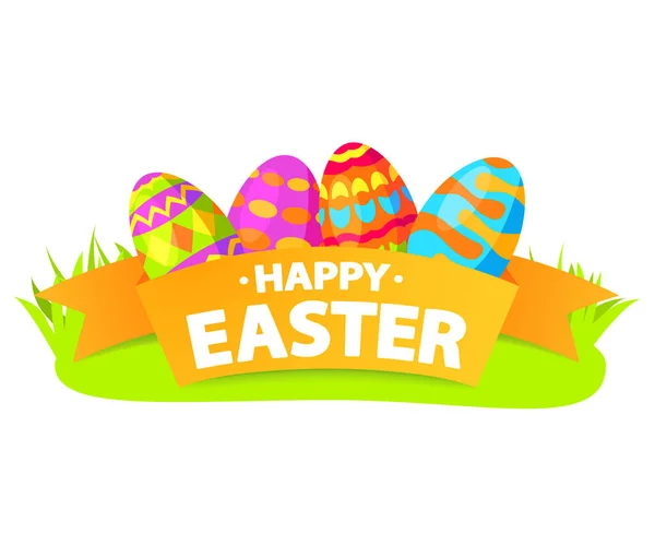 Bannière festive. Joyeux oeufs de Pâques sur une herbe le mensonge peint ornement. — Image vectorielle