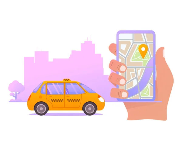 Commande de taxi en ligne concept d'application mobile.Main tenant l'application de téléphone intelligent sur la carte d'affichage. — Image vectorielle