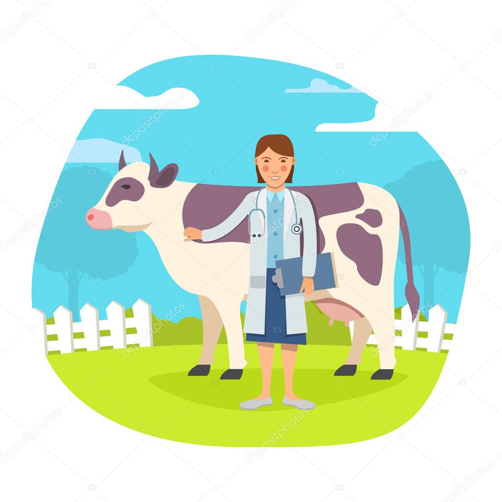 Cow veterinarian woman character.Animal inside farm.Rural life.