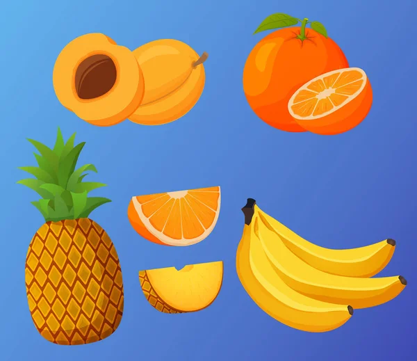 Bananas, abacaxi, damasco, laranja e fatia.Frutas frescas. —  Vetores de Stock