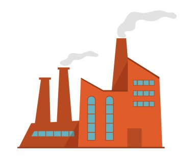 Baca dumanı tüten fabrika binası. Bina cephesi.