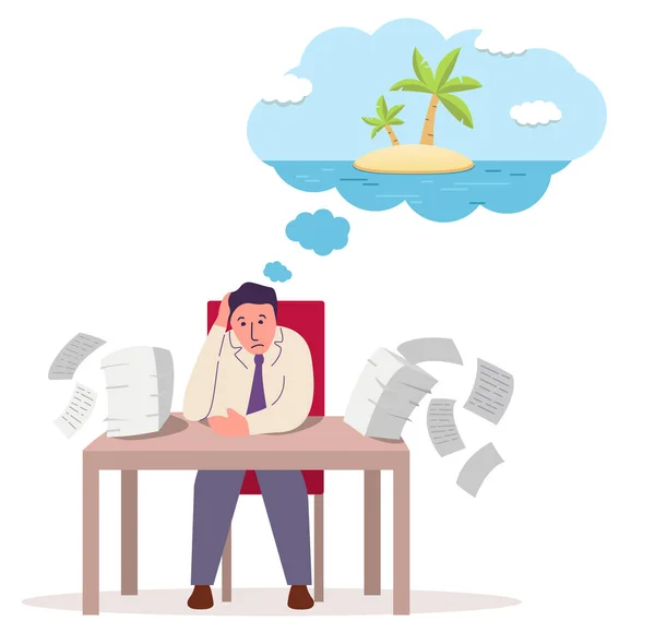 Homem de negócios sonhando com férias em uma ilha tropical em seu local de trabalho. — Vetor de Stock