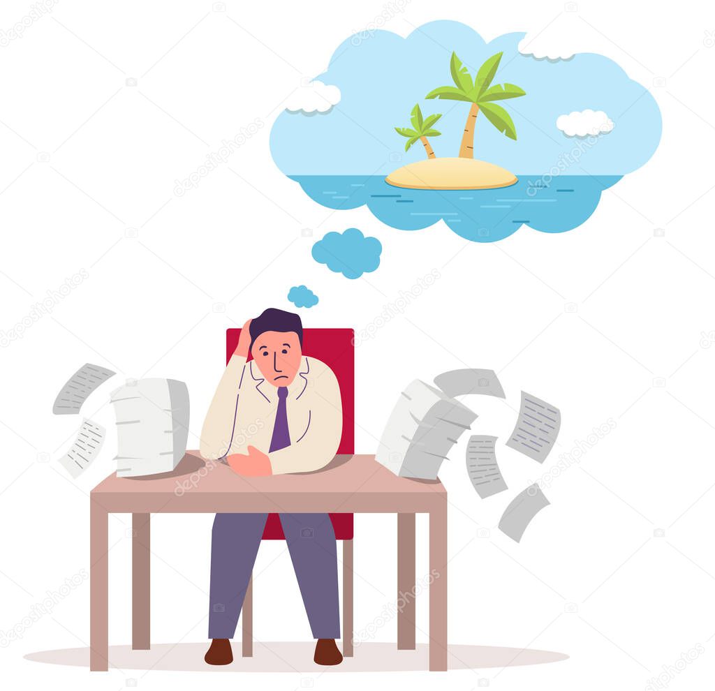 Business man dreaming about vacation on a tropical island at his work place.