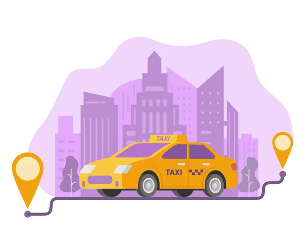 Замовлення маршруту таксі і точок розташування на місті. Жовтий автомобіль таксі і міський пейзаж . — стоковий вектор