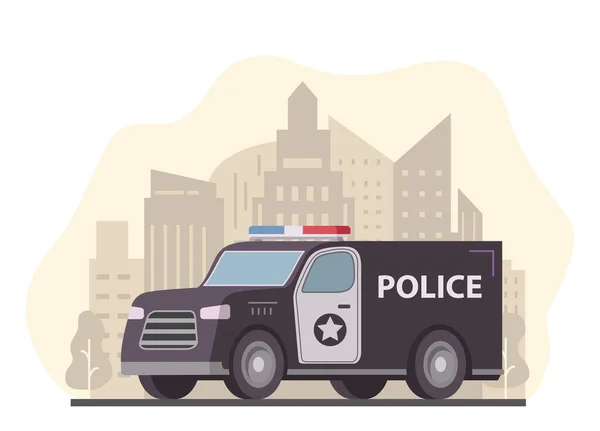 Φορτηγό της αστυνομίας. Ο ουρανός της πόλης με ουρανοξύστες. Οχήματα έκτακτης ανάγκης περιπολίας. — Διανυσματικό Αρχείο
