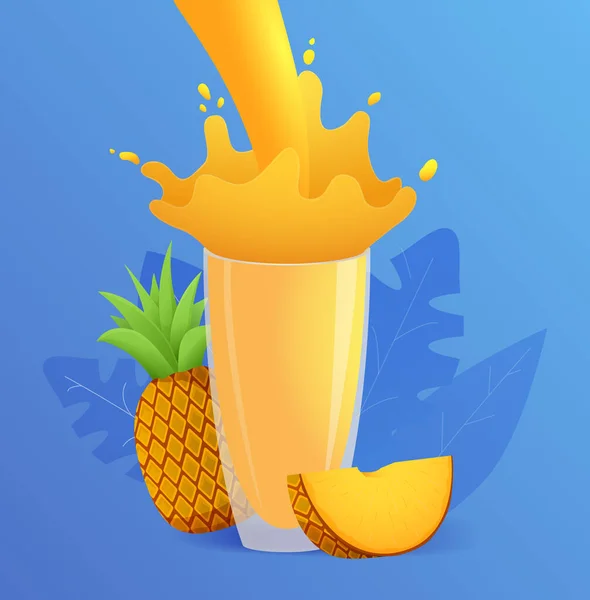 Il succo d'ananas spruzza frutta tropicale viene versato in un bicchiere. — Vettoriale Stock