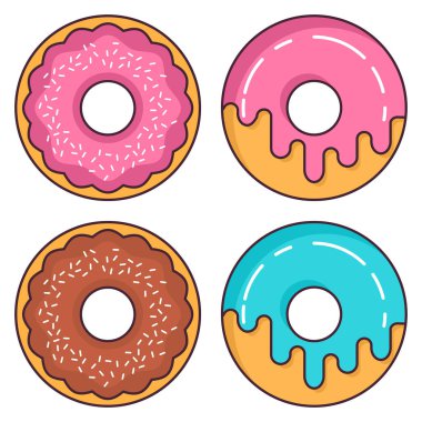 Donutlar çilek ve çikolata jöleli. Pasta tatlısı. Düz çizgi sanat vektörü.