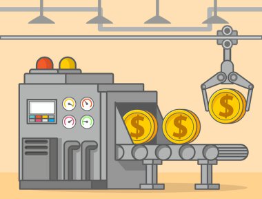 Fabrika taşıyıcı dolar. ABD 'nin para basımı. Düz çizgi sanat vektörü manufactory.