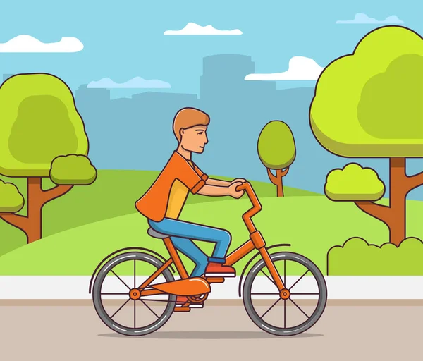 Junger Mann fährt mit Fahrrad in öffentlichem Park in der Stadt. — Stockvektor