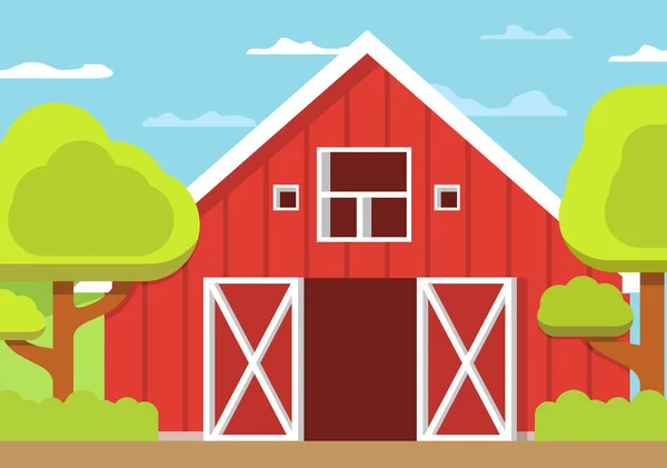 Rural landscape farm. Wooden barn open gate. — Stock Vector