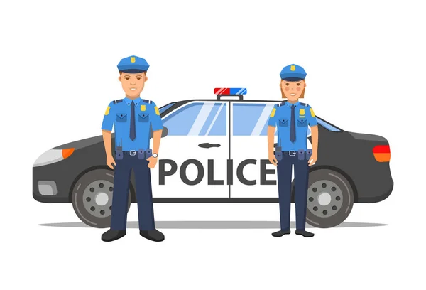 Policier homme et femme dessin animé character.Police voiture berline vue de côté. — Image vectorielle