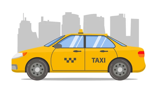 Таксі жовтий автомобільний кабінний седан. Міський краєвид хмарочоси. Значок транспорту сервісу . — стоковий вектор